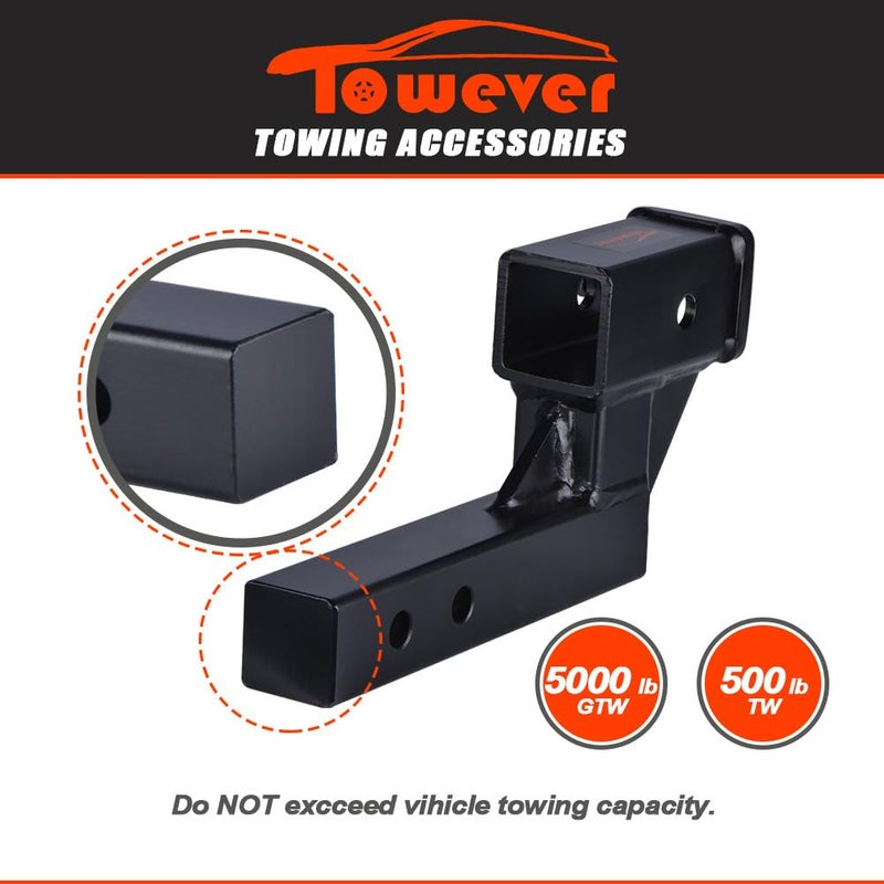 Towever 84122 Receiver Hitch Extender with 4" Drop/Rise, 9" Extension, Hitch Riser Solid Tube (GTW/TW 5000/500 LBS) with Pin and Clip - Image 3